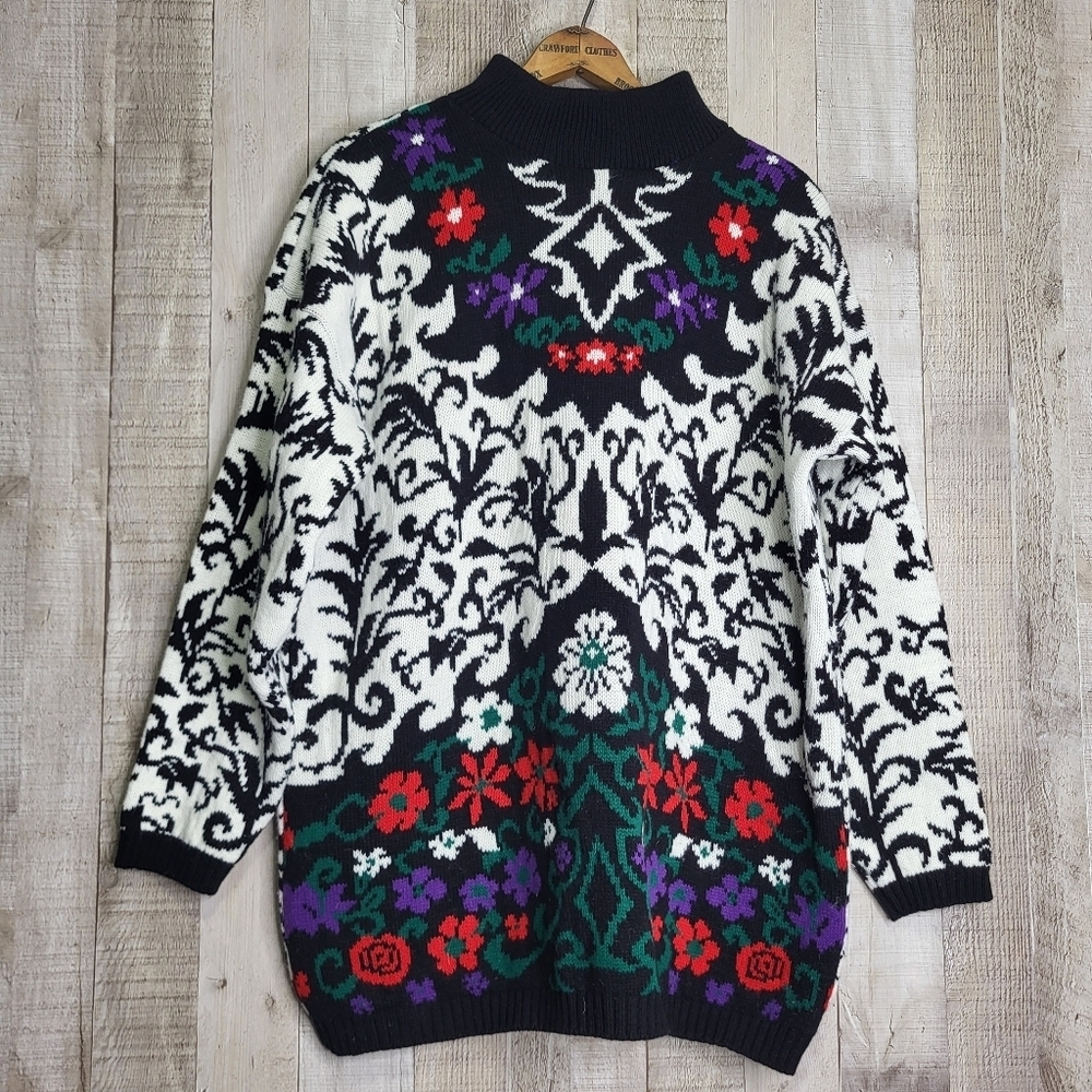 Black & White Floral Thick Sweater with Red, Green & Purple Accents. Size Large.